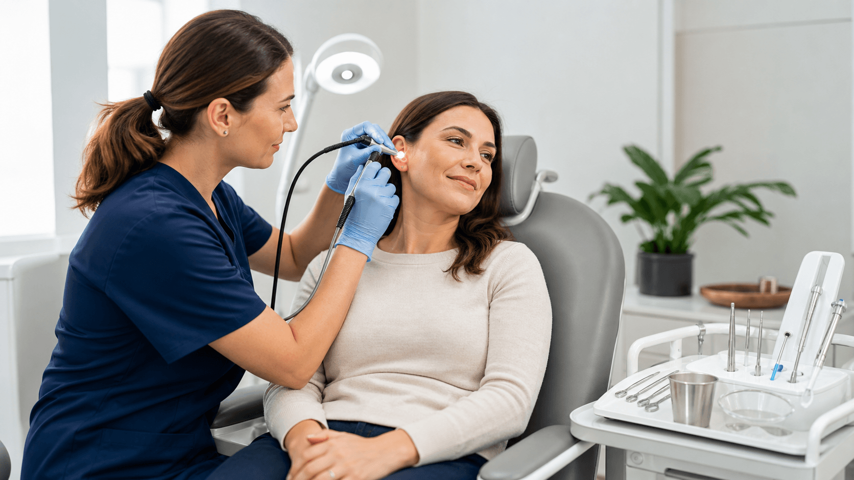 Minimal clinic exam room with a clinician using an otoscope to inspect a patient’s ear under bright lighting