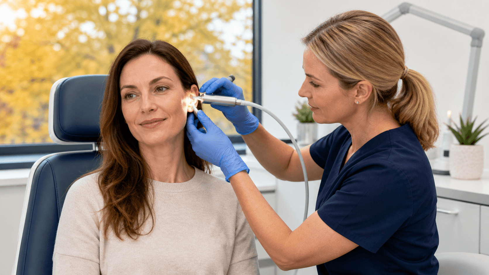 Clinician performs ear suction on a seated patient in a bright clinic with autumn leaves visible through a window.