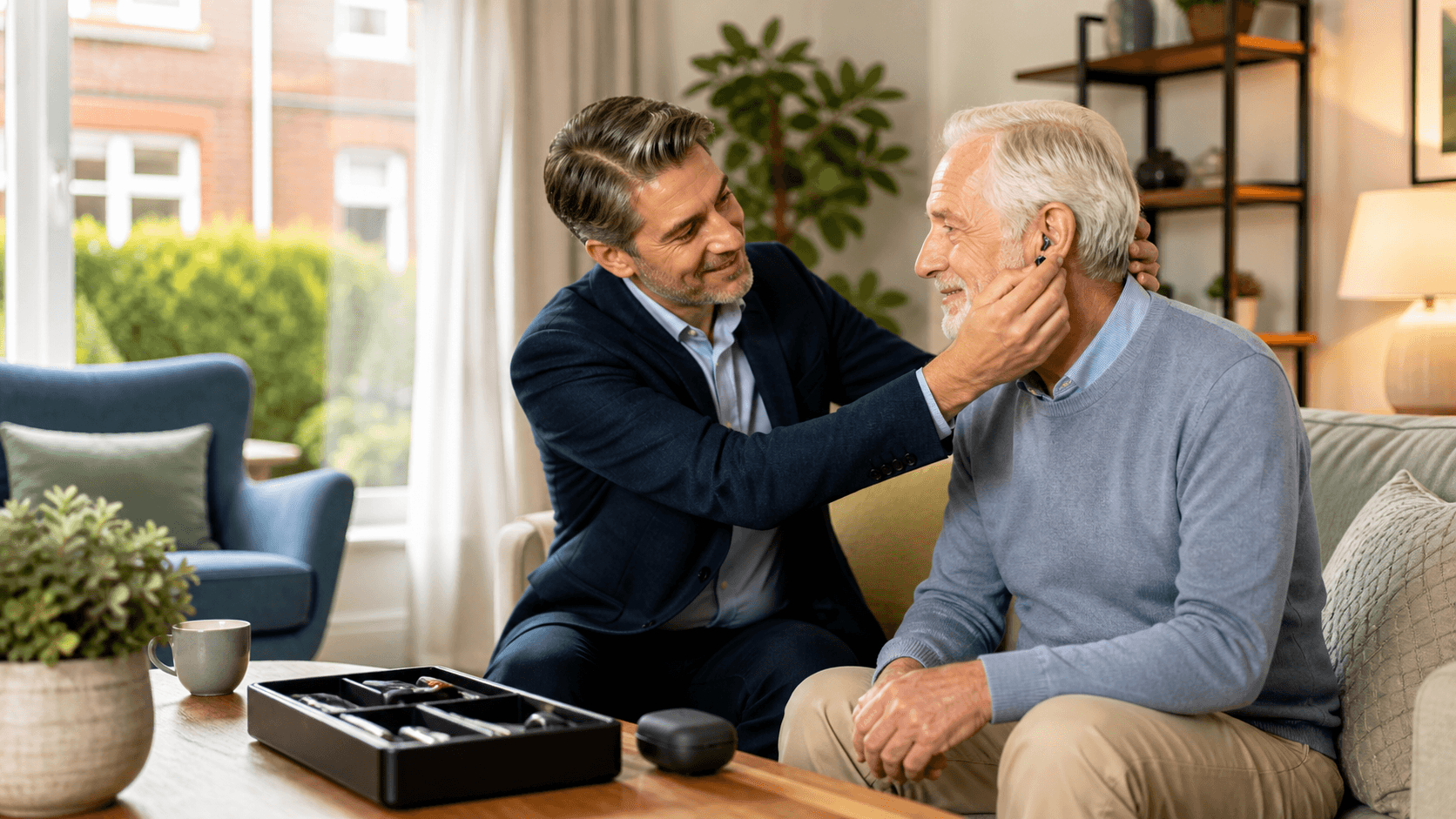 Audiologist adjusts an elderly woman’s hearing aid in a bright, softly lit living room.