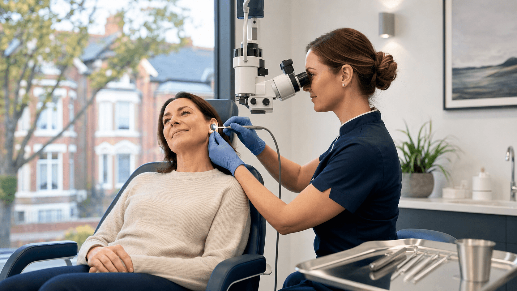 Modern clinic waiting room with blue accents, hearing aid icon poster on wall, bright daylight through window