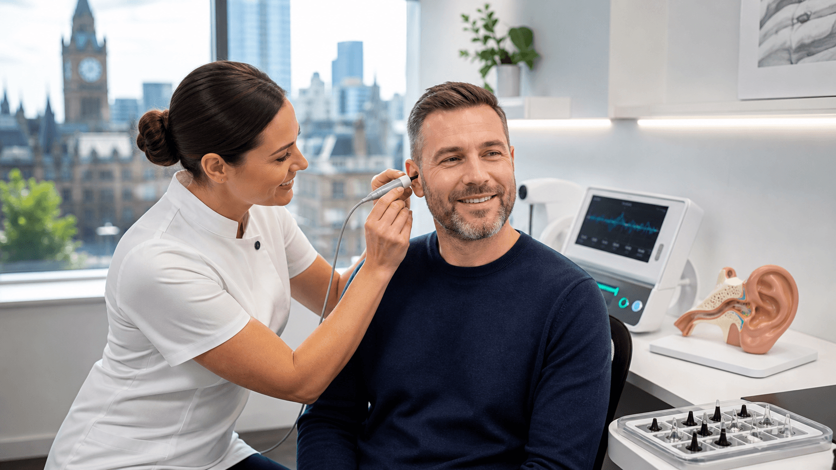 Audiologist giving a hearing test with headphones in a bright clinic, city skyline visible through the window.