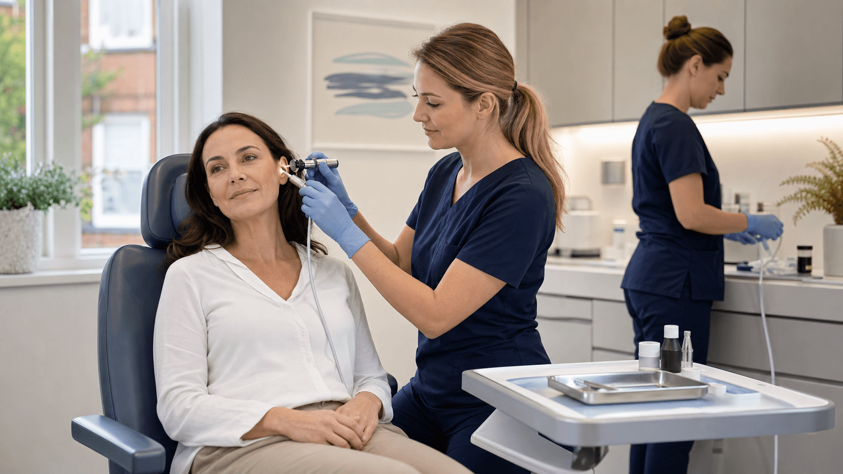 Clinician in blue gloves uses an otoscope to examine a patient’s ear in a bright white medical room.