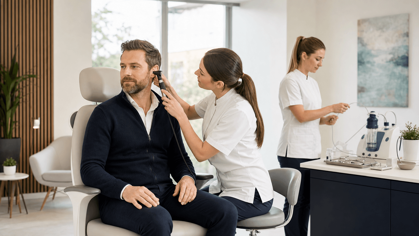 Person wearing headphones in a modern clinic, audiologist adjusting controls beside a bright window
