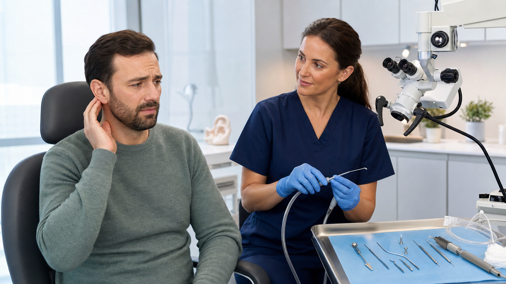 Close-up of an ear with a suction tool near the canal, soft clinic lighting and blurred medical background.